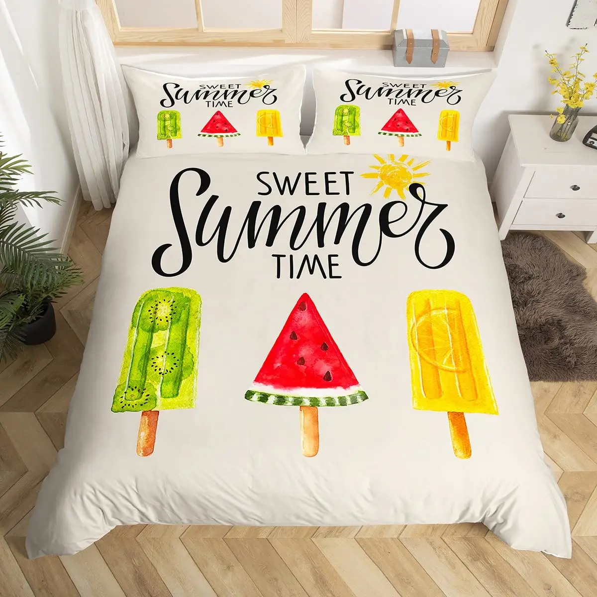 

Summer Theme Duvet Cover Set,Cartoon Fruits Ice Cream Bedding Set 3pcs Dessert Food Soft Light Khaki Quilt Cover,2 Pillowcases