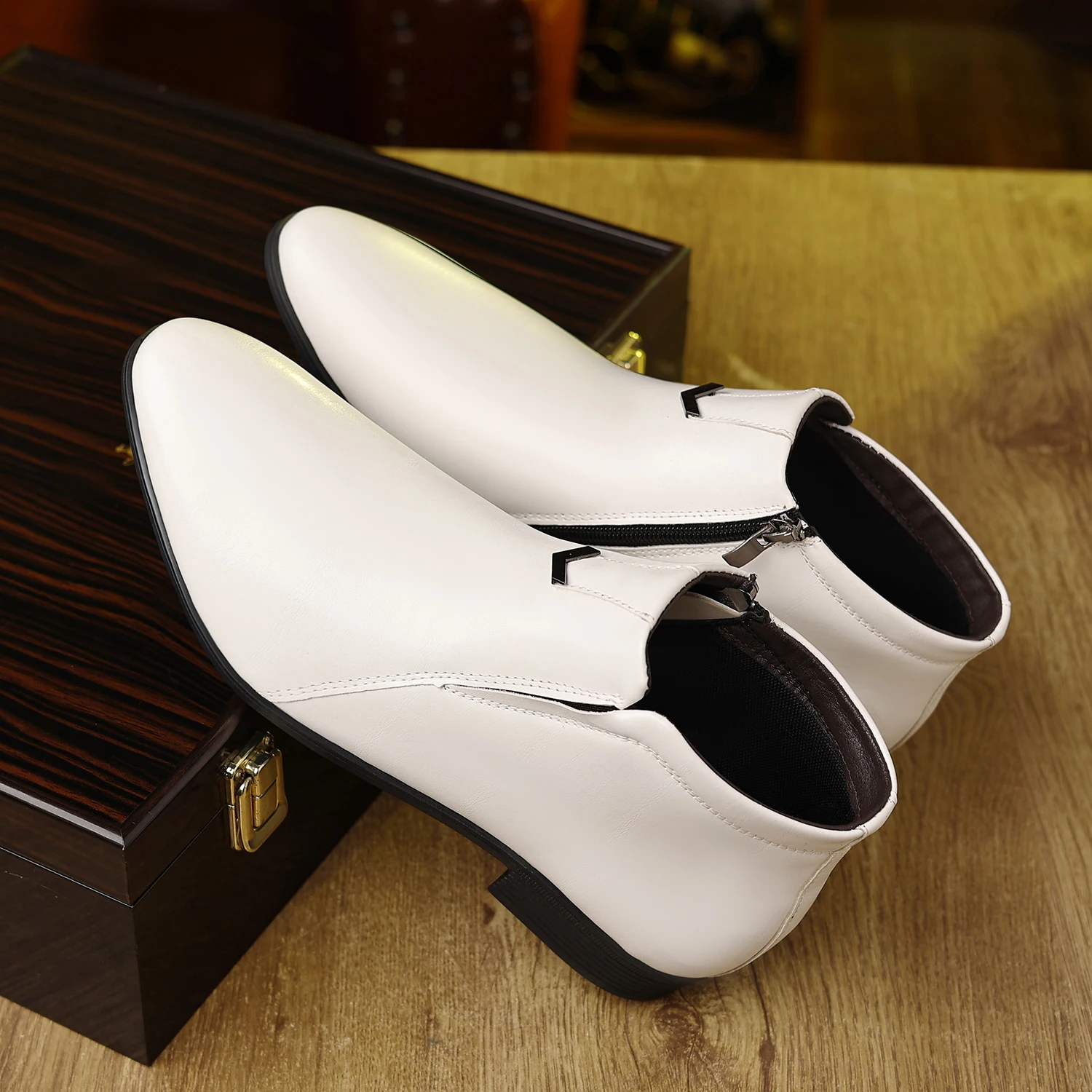 English Pointed Leather Shoes Mens High Top Chelsea Boots PU Leather Medium Top White Ankle Boots Non-Slip Zipper Men Boots