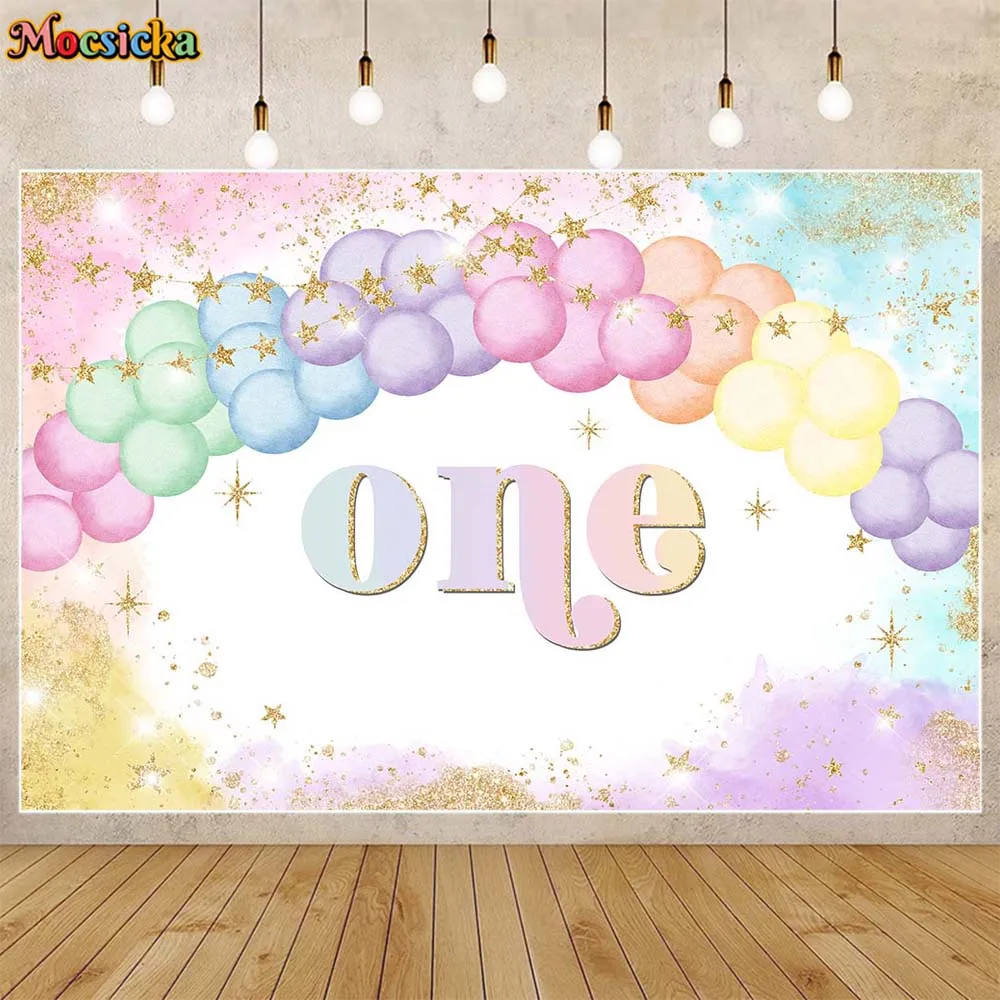 

Mocsicka 1st Birthday Backdrop Macaron Balloon Golden Star Girl First Birthday Party Decor One Cake Smash Photography Background