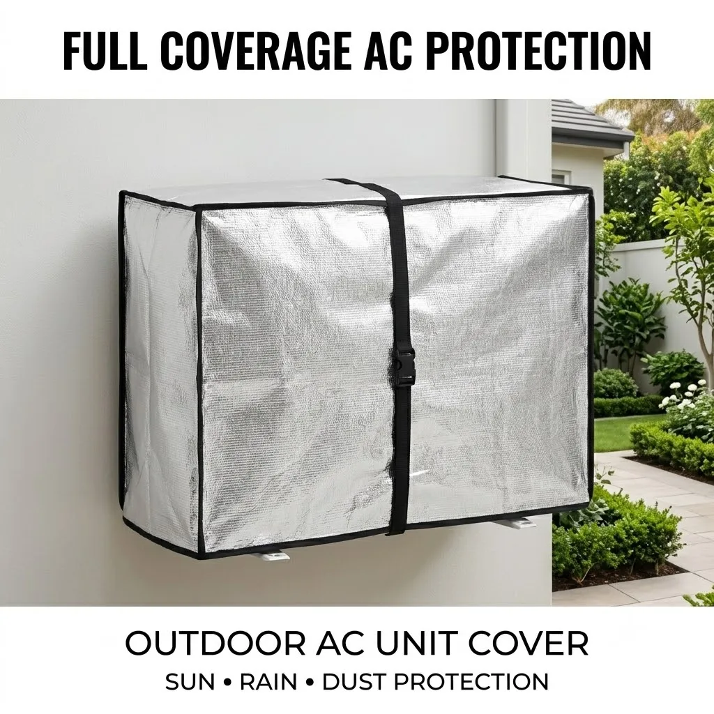 Full‑Coverage Aluminum Foil AC Unit Cover,Waterproof Sun Rain Dust Protection with Buckle Strap for Outdoor Air Conditioner
