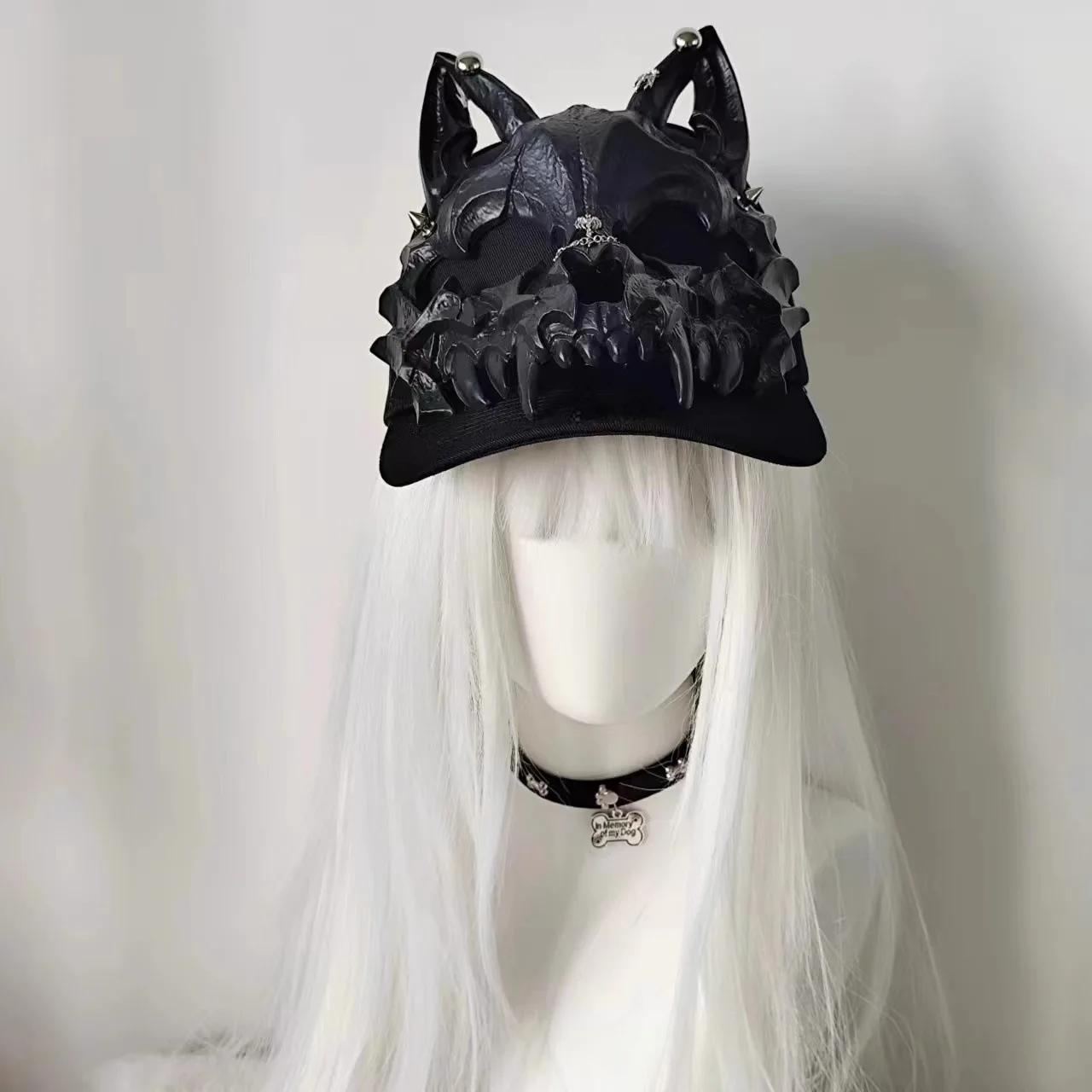 Black Gothic 3D Wolf Skull Baseball Cap with Ears, Fangs, Studs and Chain, Punk Streetwear Hat