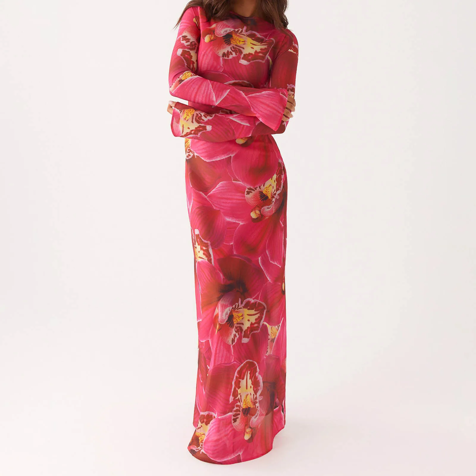 Women Summer Y2K Aesthetic Floral Print Boat Neck Long Sleeve Slim Fit Sheer Mesh Layered Straight Beach Long Dress