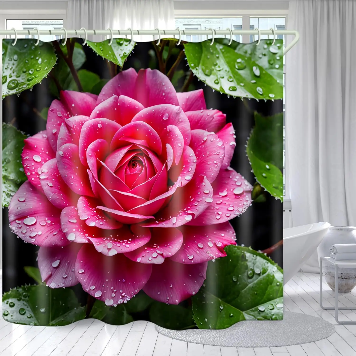 

Bright Fabric Shower Curtain, Pink Flower Theme Design Art Shower Curtain, Bathroom Decor Set, 12 Shower Curtain Hooks (72 "Wx72