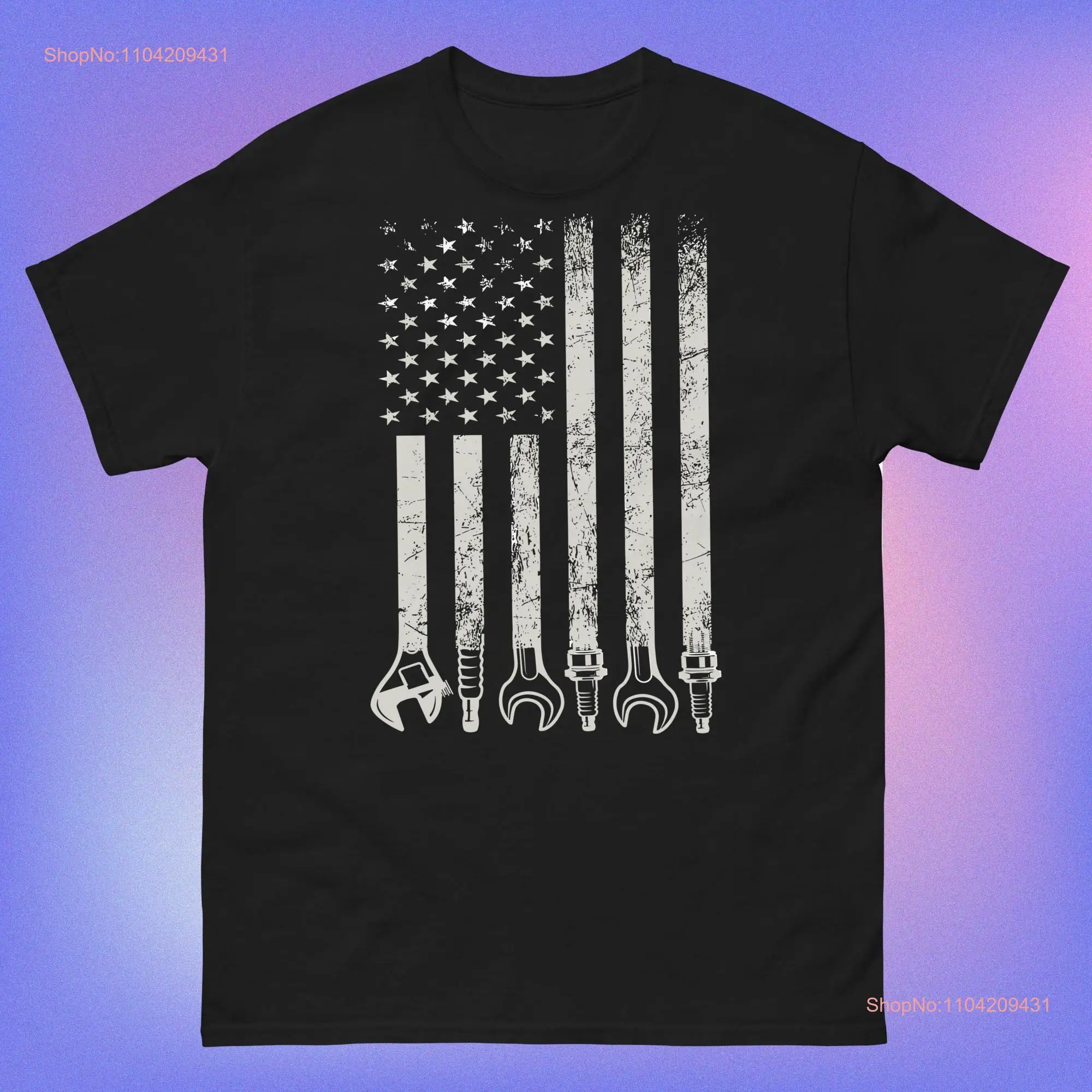 Auto Repairman Car Mechanic Wrench Workshop Tools USA Flag unisex T Shirt long or short sleeves