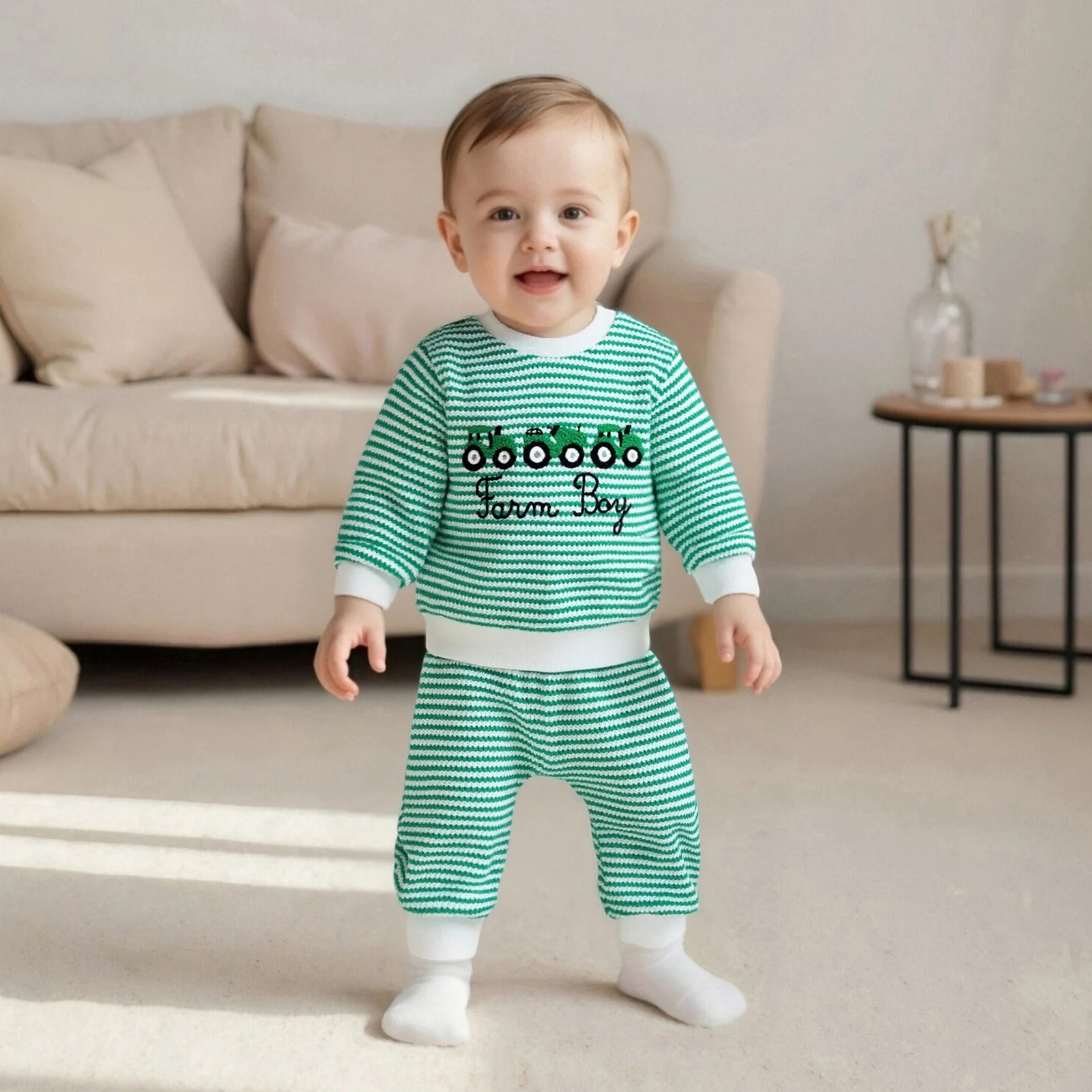 

Suefunskry осенний комплект для маленьких мальчиков, пуловер с круглым вырезом и вышивкой в виде грузовика, полосатый свитер и брюки для бега, наряды