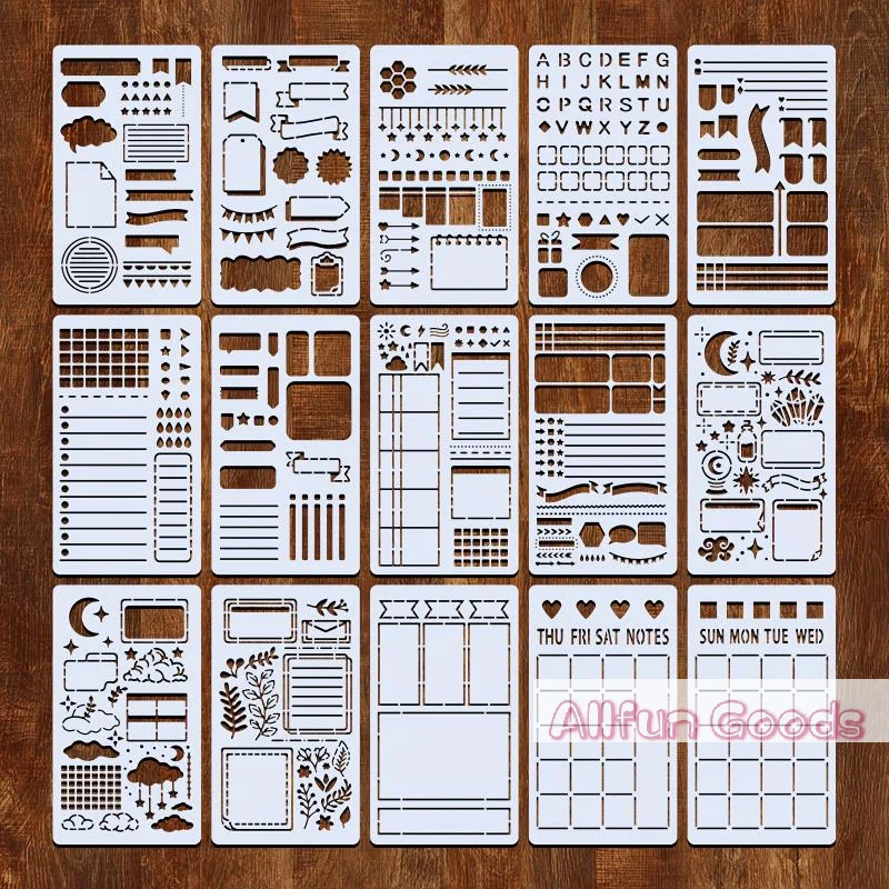 [TG835]15Pcs Diary Drawing Templates Reusable  Stencils For Painting DIY Scrapbooking Diary Scrapbook Journal Stationery Gifts