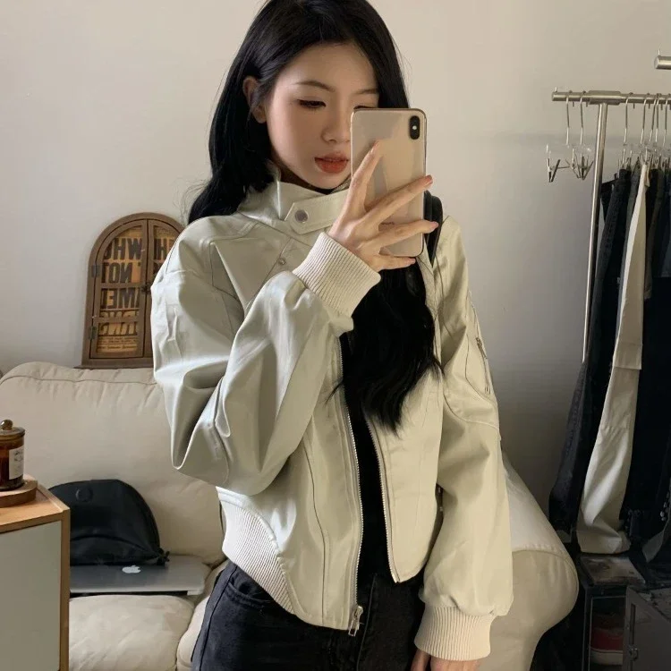

Oversize Stand Collar Pu Leather Coat Women 2024 New Irregular Slim Fit Jackets Y2k E-Girl Long Sleeve Zipper Tops Mujer