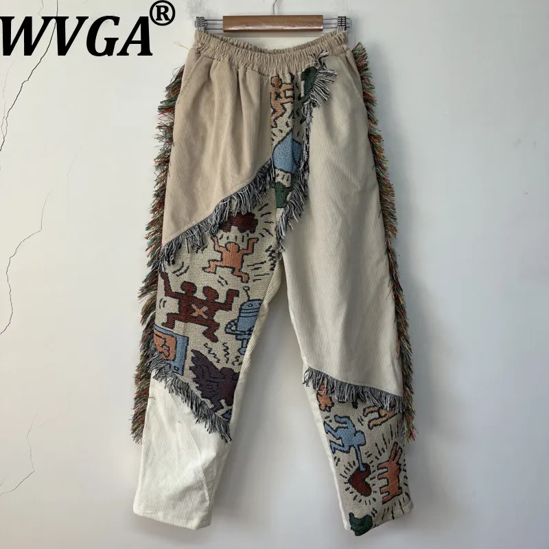 WVGA Autumn New Men Asymmetrical Graffiti Contrasting Colors Pants Fringed Edges Trendy Patchwork Loose-fit Trousers Ins W28335
