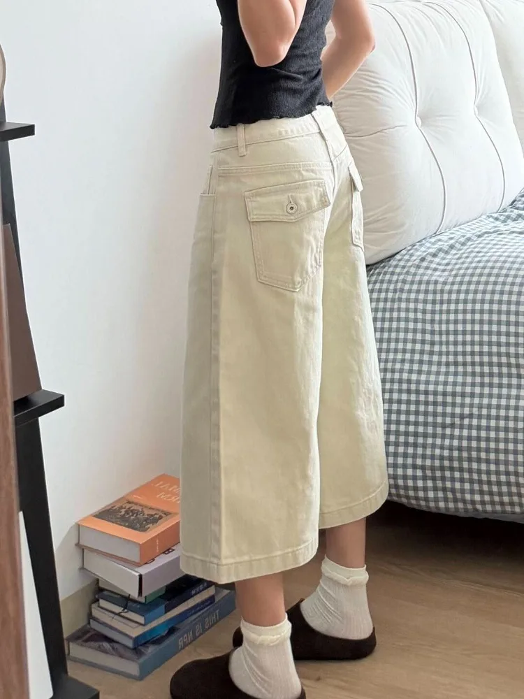 Summer Women's Single Breasted Design Shorts Street Girls Thin Calf-length Wide Leg Trousers Pants Female High Waist Streetwear