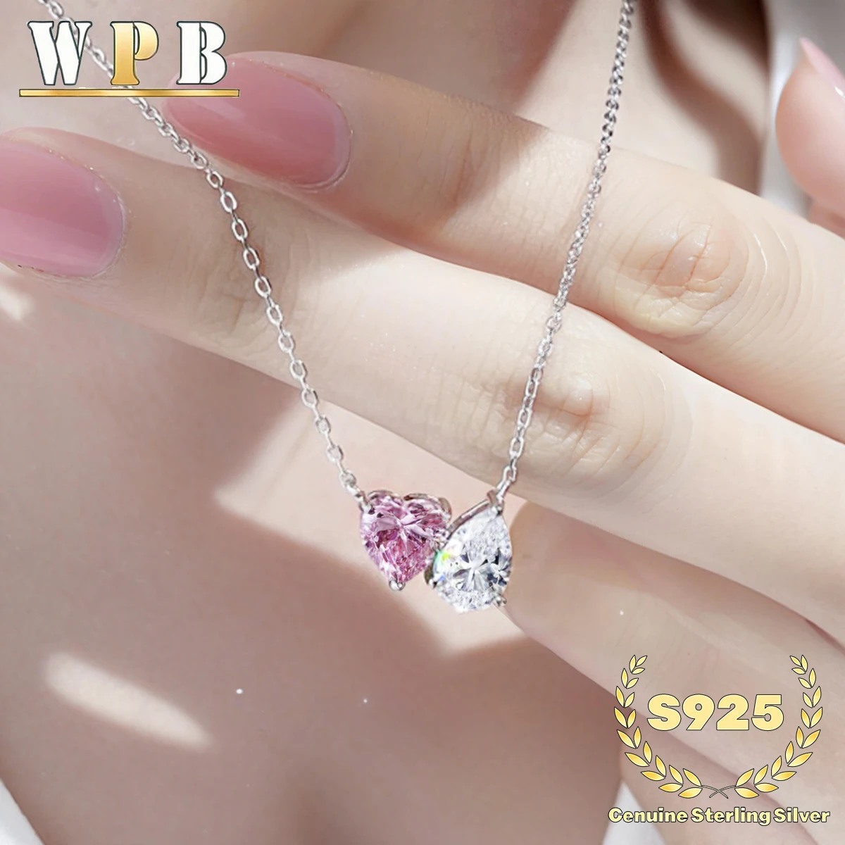 

Genuine S925 Sterling Silver Necklace with Heart & Pear CZ Stones - Romantic Pink and Clear Zirconia Pendant Jewelry for Women