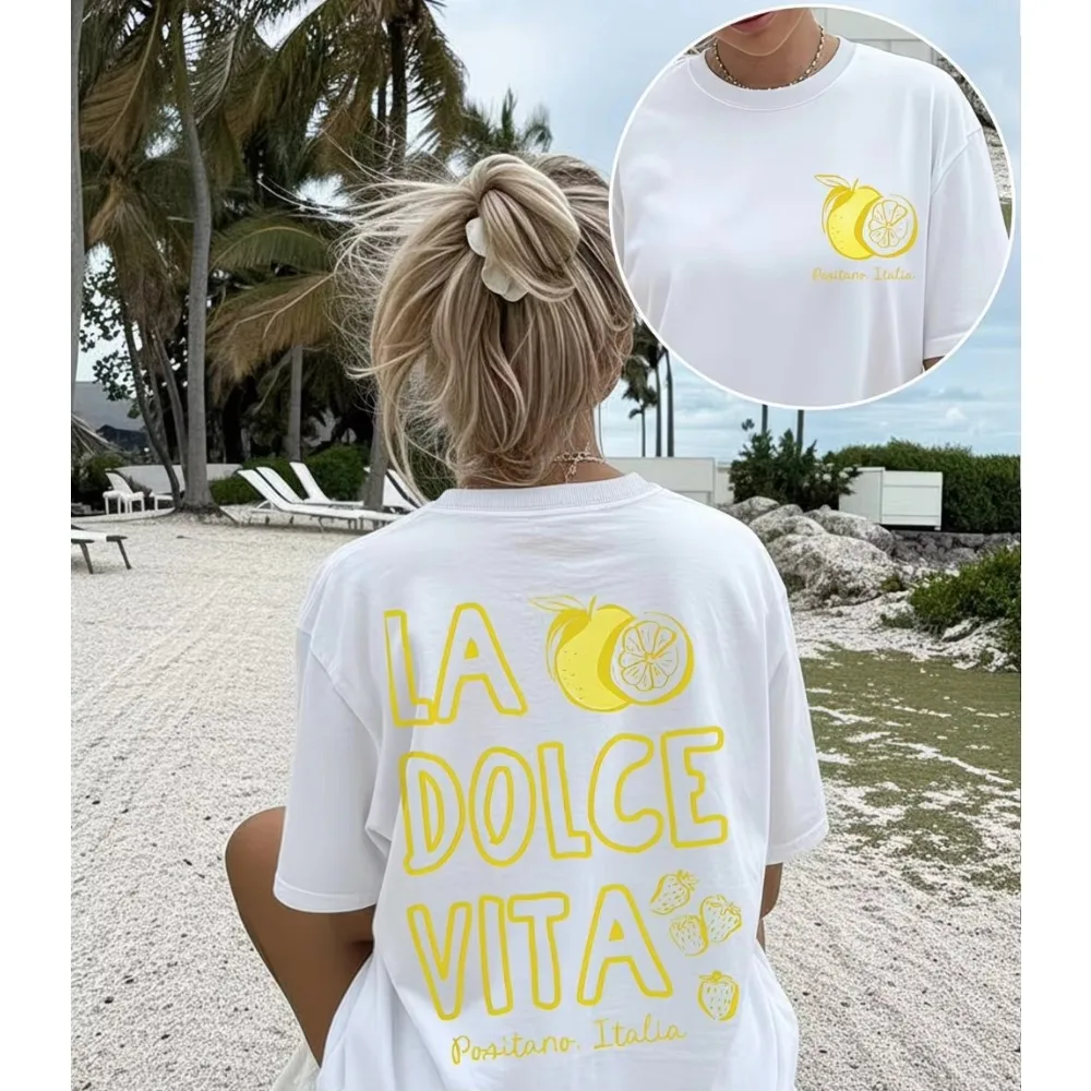 Vintage Positano Italia Lemon T-Shirt Aesthetic Fruit Graphic Top Women Men Trendy Italian Vibes Loose Casual Summer Holiday Tee