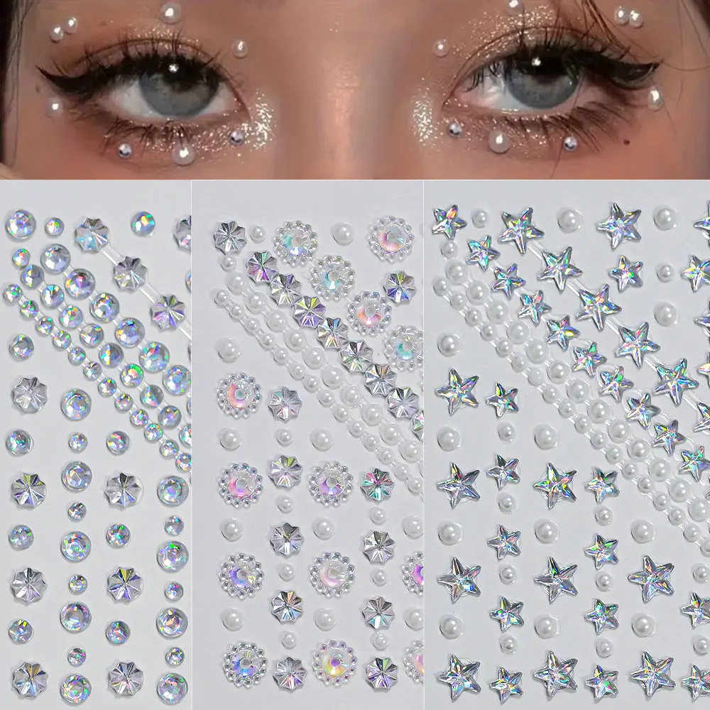 1Sheet 3D Bling Rhinestone Pearl Face Stickers White Crystal Star Snowflake Eye Gem Tattoos Sticker Tears Diamond Makeup Decor