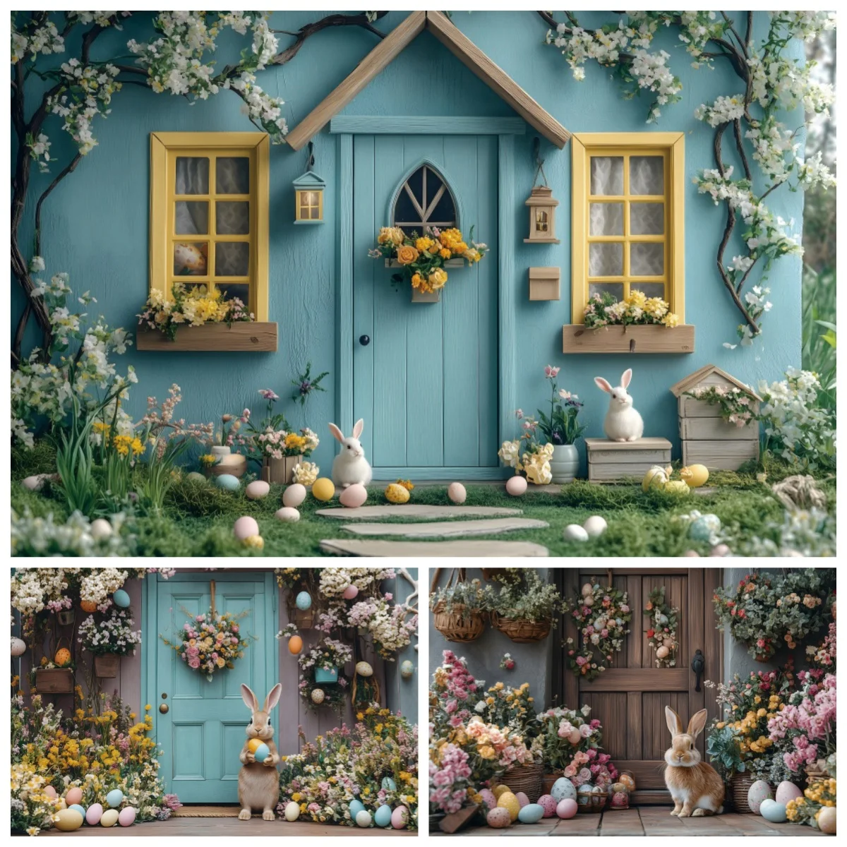 

Spring Easter Photography Backdrop Vintage House Wooden Door Flowers Rabbits Bunny Eggs Scenery Kids Portrait Photo Background