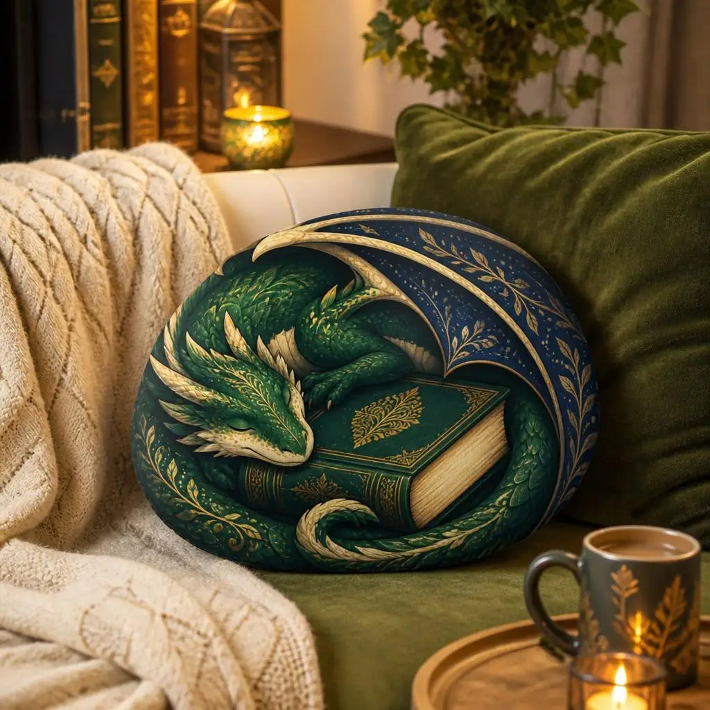 Sleeping Dragon Book Pillow Fantasy Reader Cushion Plush Stuffed Throw Pillow Book Lover Gift Medieval Home Decor Floor Seat