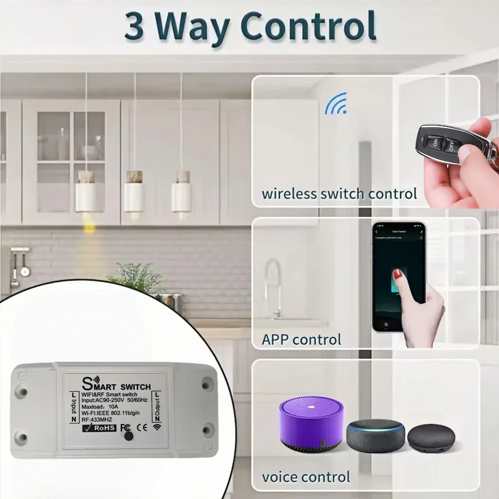 Tuya WiFi RF 433MHz Wireless Remote Control Switch AC 110V 220V Mini Relay Receiver with On Off Transmitter for LED Light Bulb