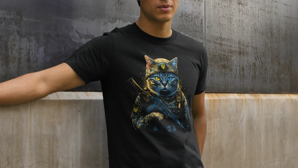 Ukraine Cat Soldier Ukrainian Trident T-Shirt 100% Cotton O-Neck Summer Short Sleeve Casual Mens T-shirt Size S-3XL