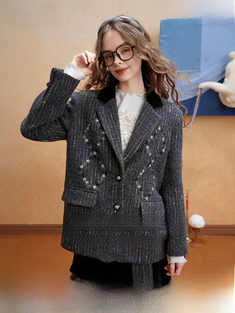 

Retro Star Embroidery Stripes Thi Tweed Suit Jaet Women's Loose Fit Long Sve Button up Commute Friendly