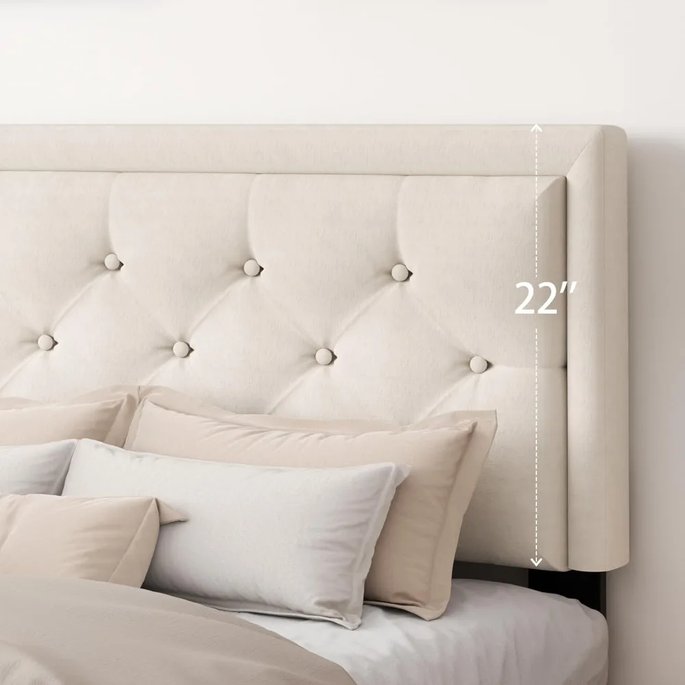 إطار سرير بمنصة مقاس مع لوح رأسي معنقدة بزر مخملي منجد، كريم أساس مرتبة مع دعم شرائح خشبية، لا