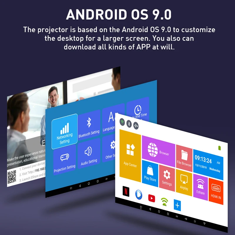 SmartIdea-Projetor Inteligente DLP, Beamer, Bateria BT, AirPlay embutido, Miracast, 3D, 4K, HD, AC3, Android, Wi-Fi, Novo