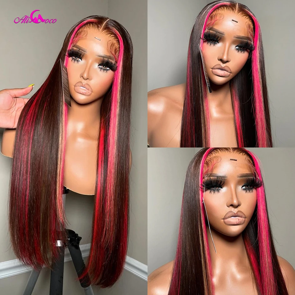 

Highlight Pink and Blonde 200 Density Human Hair Transparent Lace Brazilian Hair Lace Front Wigs For Women Straight Brown Pink