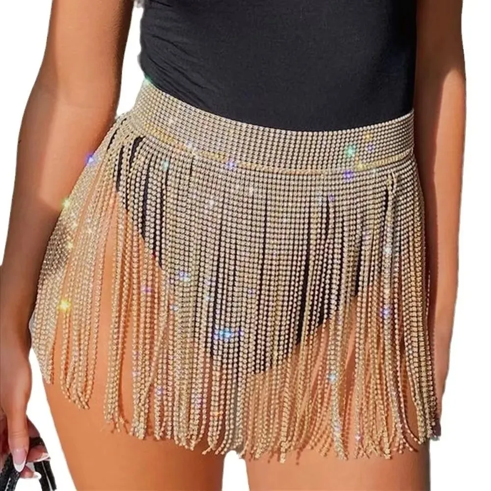 Blinkende Diamanten Sexy Minikleid Diamant Strap Lace Up Knoten Damen Minirock Glitzer Strass Fransen Netz Party Miniröcke