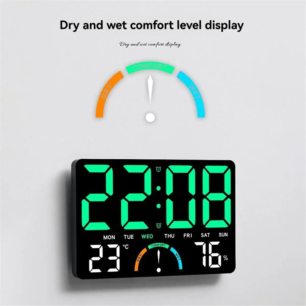 A10R Digital Wall Clock with Large LED Display Date Temperature&Humidity,Modern Electric Wall Clock for Bedroom, Classroom A