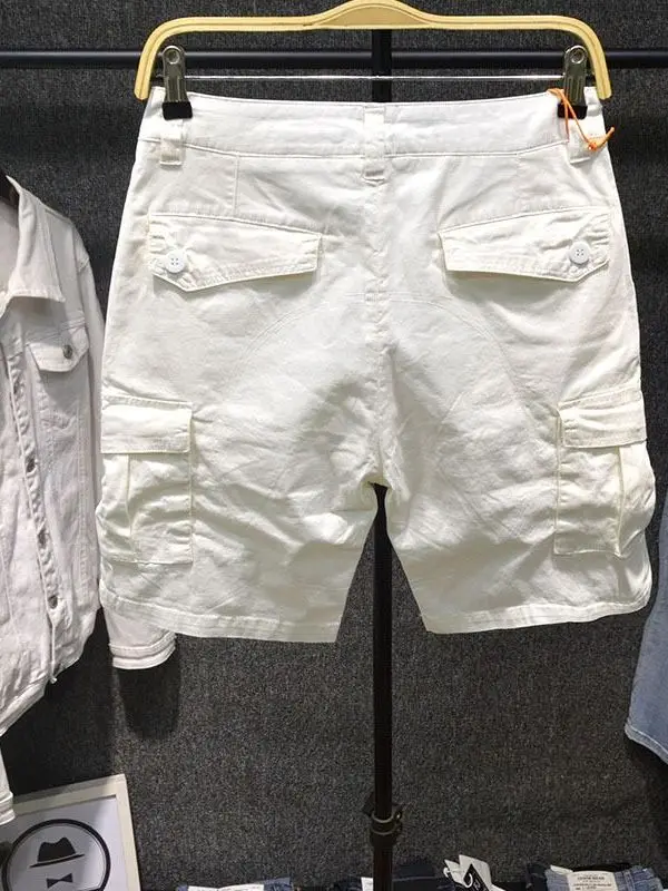 

Summer Trendy White Multi-Pocket Men's Casual Shorts Five-Quarter Loose Straight-Cut Mid-Waist Cotton Workwear Shorts
