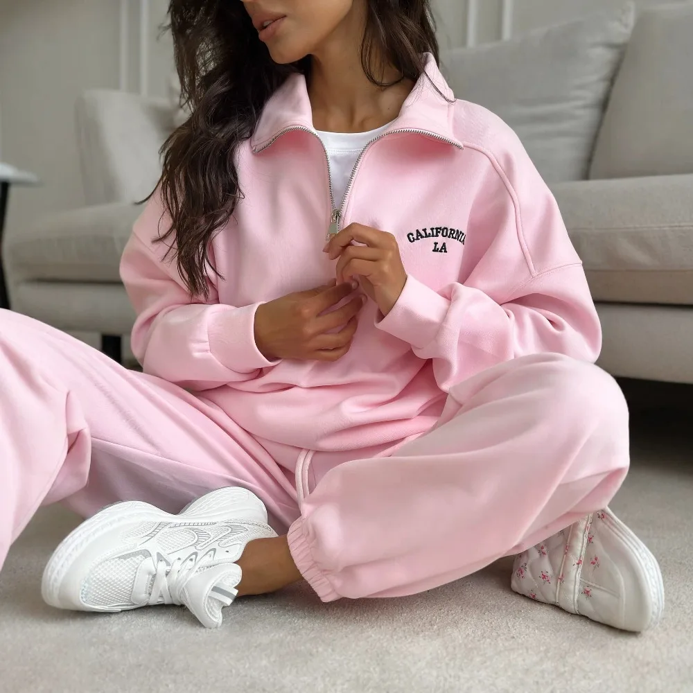 Sports Style Letter Embroidered Hoodie Straight Pants Suit Autumn and Winter Women Gentle Loose Warm Half Zipper Top Pants 2Pcs view 2