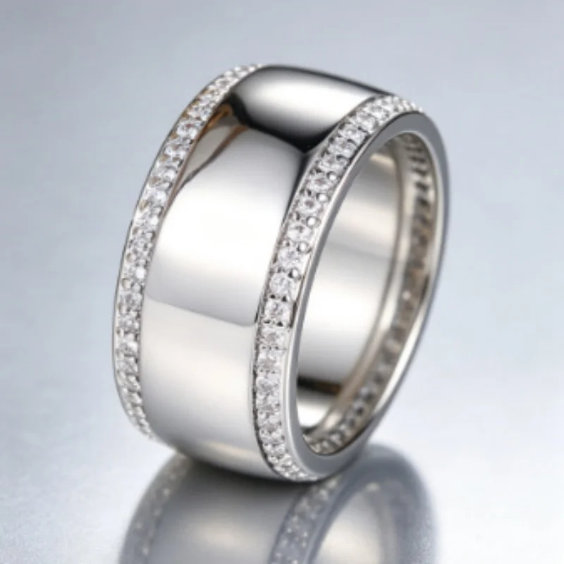 European and American Versatile Double Sided Full Zircon Smooth Ring Light Luxury Bright Face Wide Circle Zircon Accessory