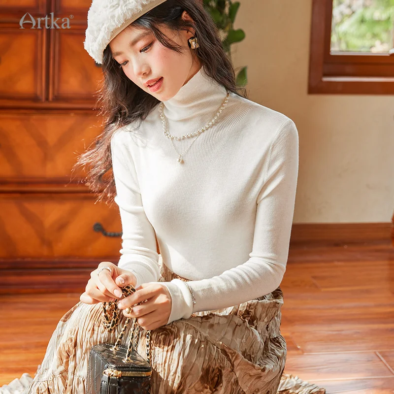 ARTKA 2023 Winter New Women Knitwear Multicolour Elegant Simple Slim Knitted Sweater Turtleneck Soft Wool Knitwear Top YB92335D