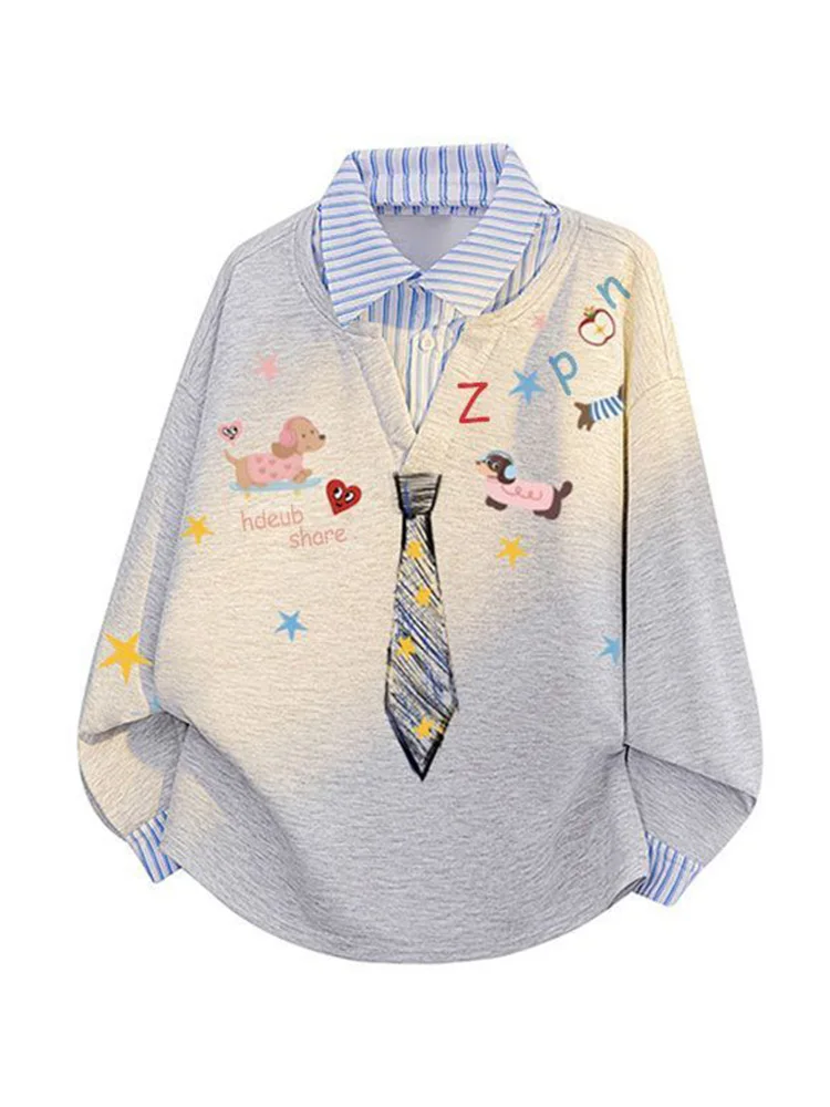 Sudadera de dibujos animados Kawaii de Japón para mujer, jersey falso de dos suelto y dulce con estampado de estilo pijo, Tops bonitos de retazos de manga larga Vintage