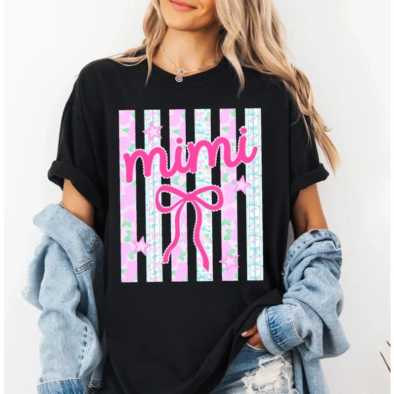Girly Mama Bow Graphic T-Shirt for Women Cute Pink Floral Striped Mom Tee Trendy Mother's Day Casual Crew Neck Short Sleeve Top