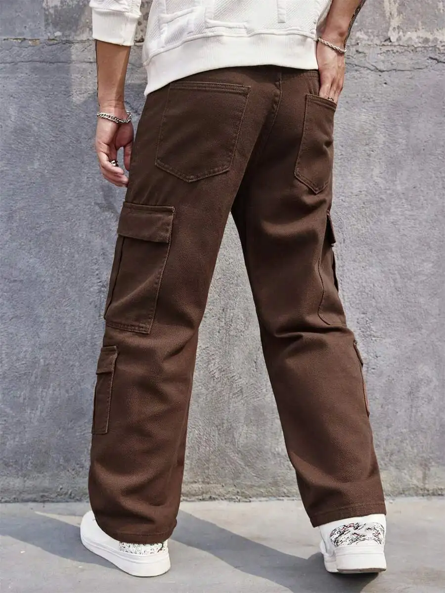 

Men Solid Brown Cargo Pants With Flap Pockets Straight Leg Cotton Casual Pants
