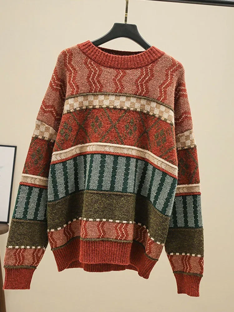 Jesienno-zimowy sweter damski w stylu skandynawskim wokół szyi Retro żakardowy sweter sweter nowe luźne swetry z dzianiny LL298