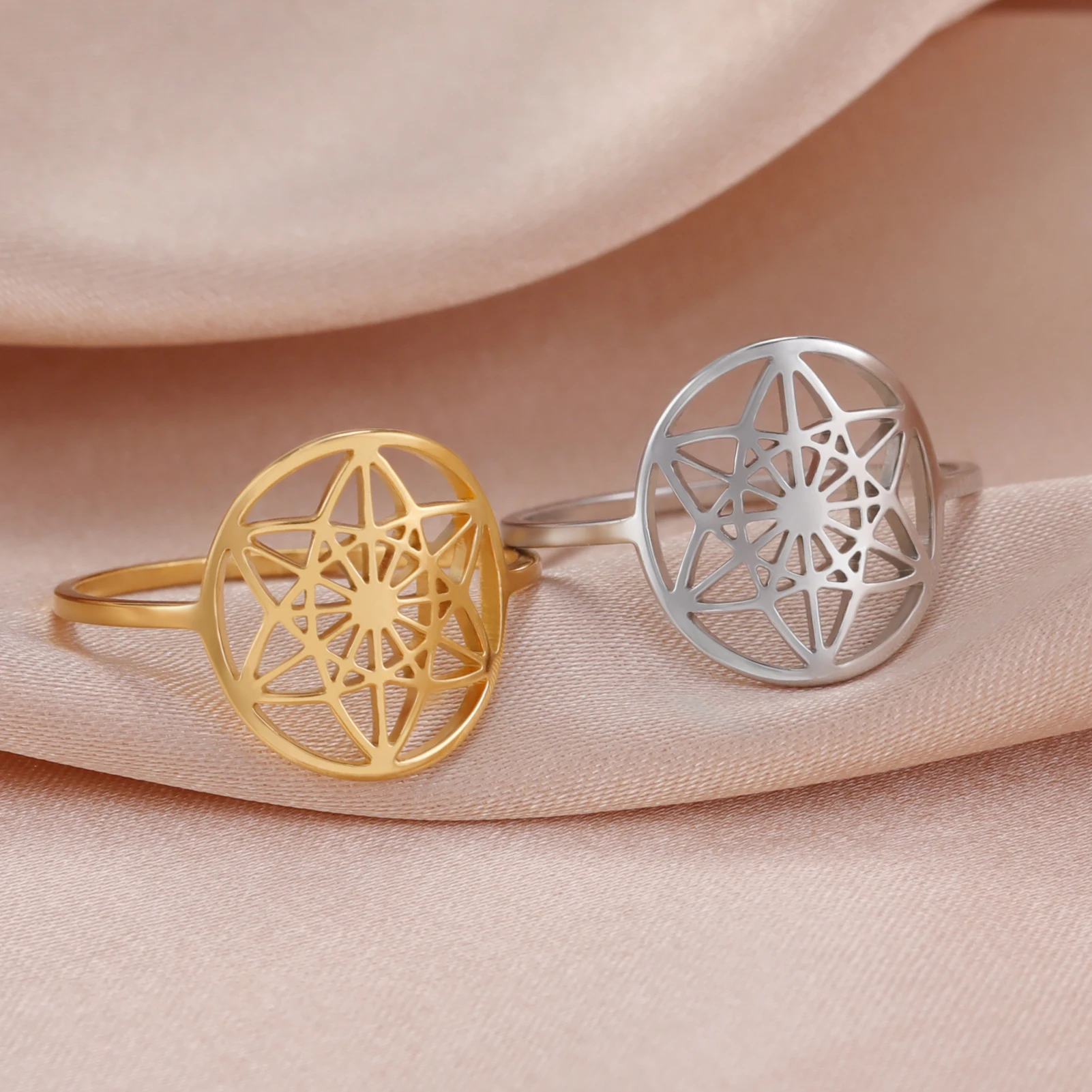 Skyrim Sacred Geometry Vector Equilibrium Ring Women Stainless Steel Gold Color Finger Rings Wedding Band Flower Jewelry