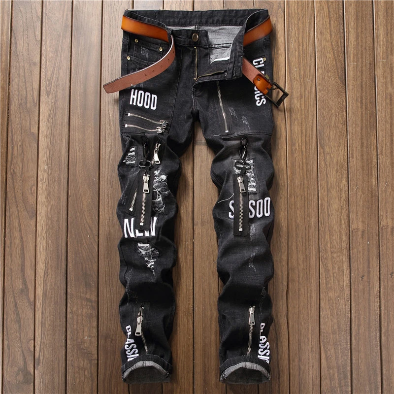 

Hot Sale Slim Stretch Ripped Men's Jeans Mid-Waist Casual Multi-Zipper Fashion Embroidered Retro Pants