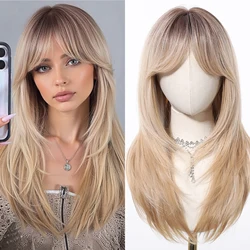 Ombre Blonde Wigs Long Straight Layered Wigs with Bangs Mixed Blonde Natural Synthetic Wig for Women Daily Party Heat Resistant
