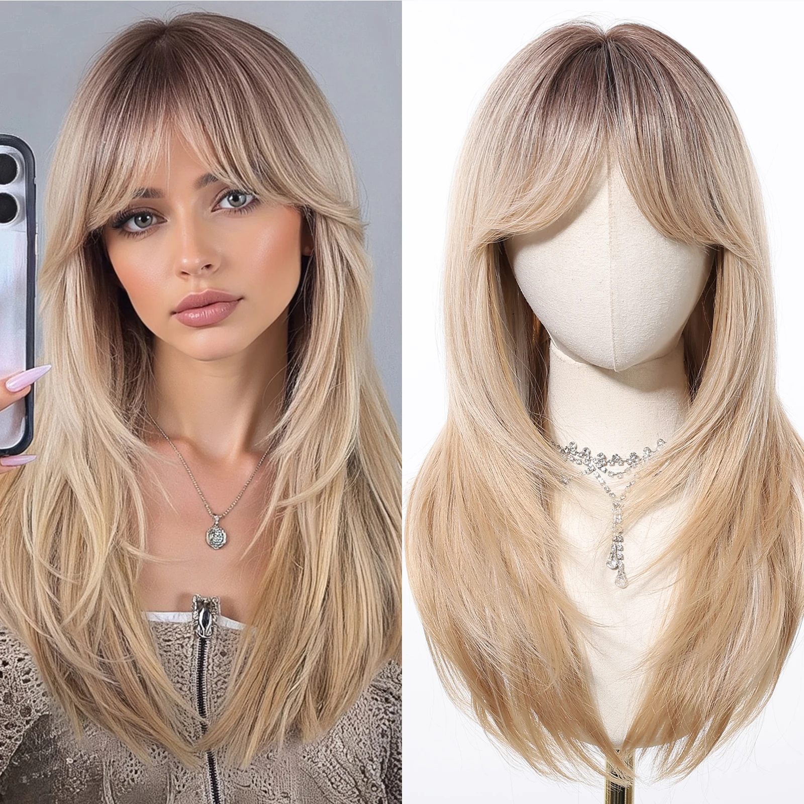 Ombre Blonde Wigs Long Straight Layered Wigs with Bangs Mixed Blonde Natural Synthetic Wig for Women Daily Party Heat Resistant