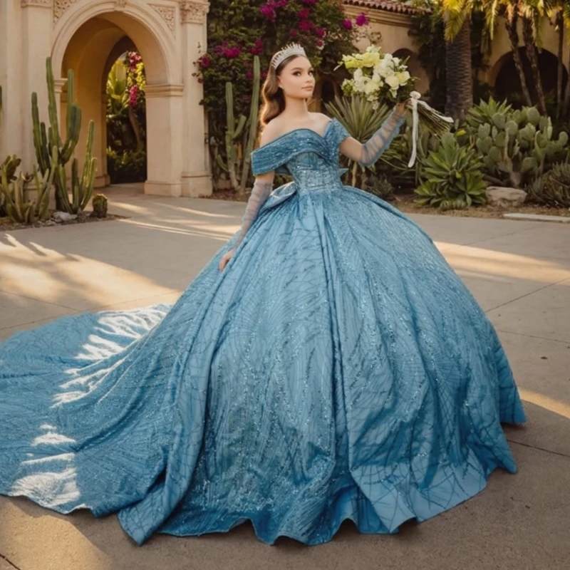 

Blue Shiny Quinceanera Dresses Off Shoulder Ball Gown Sweet 16 Dress Sequin Applique Lace Beading Crystal Bow Tull Birthday