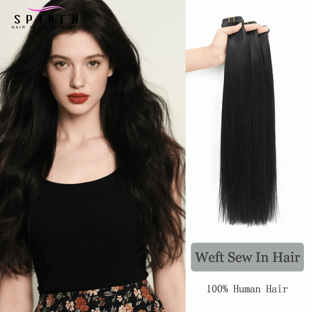 

SPIKFN Natural Black Human Hair Weft Sew In Hair Bundles Extensions 12"-24" Real Machine Remy Hair Weaves Sewing In 50g/bundle