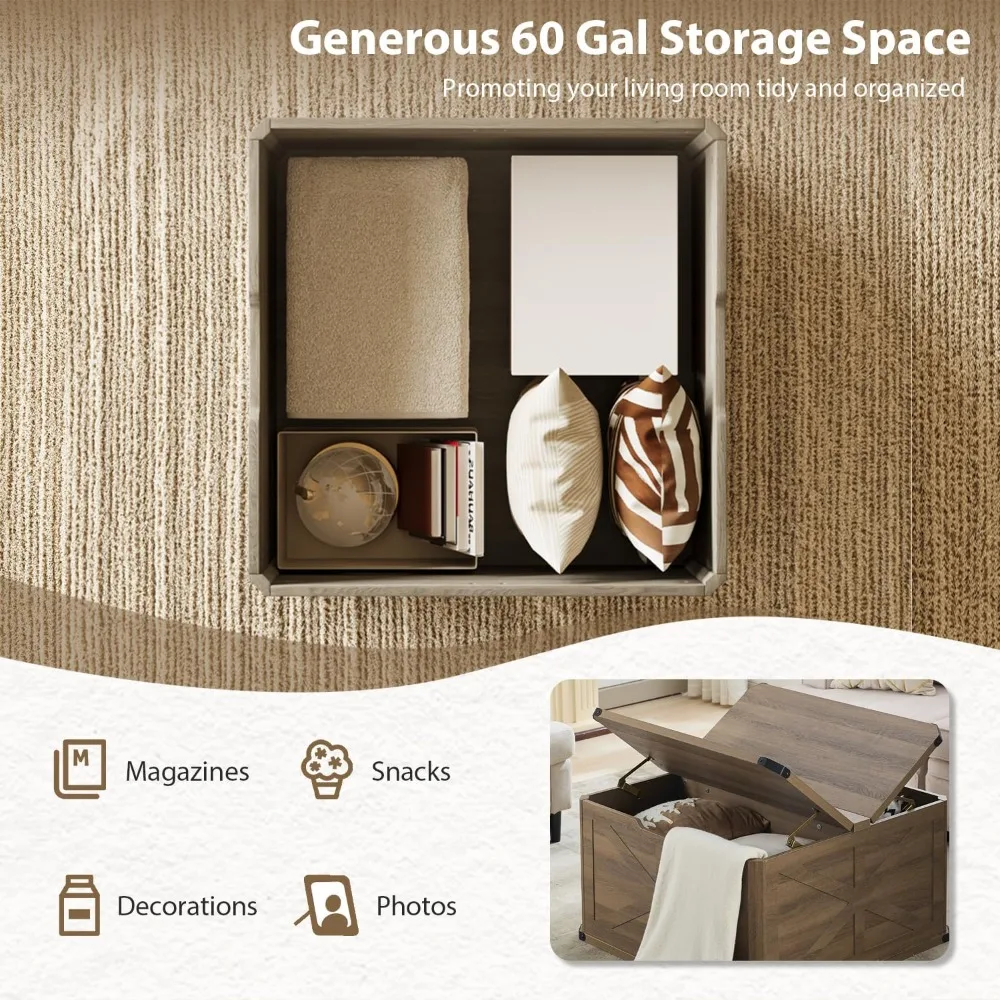 Rustic Modern Farmhouse Coffee Table - Large Square Storage, Flip-Top Design