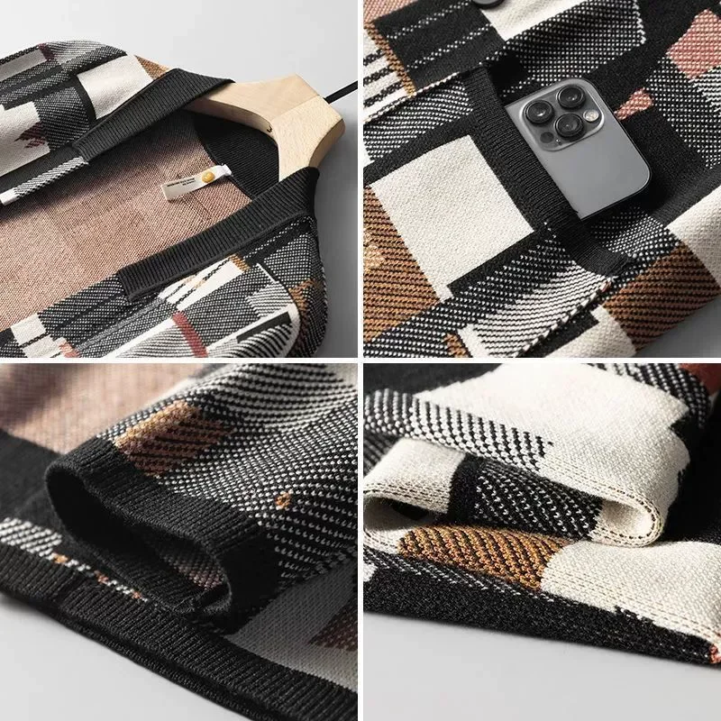 Mens Autumn Geometric Oil Painting Casual Sweater Coat Heavyweight Long Sleeve Koeran Style Loose Fit Jacket Streetwear Unisex