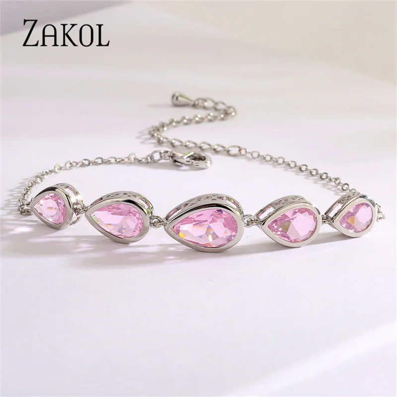 ZAKOL Romantic Pink Love Heart Zircon Bracelets for Women Fashion Geometry Crystal Light Blue Wedding Party Jewelry 2023 New