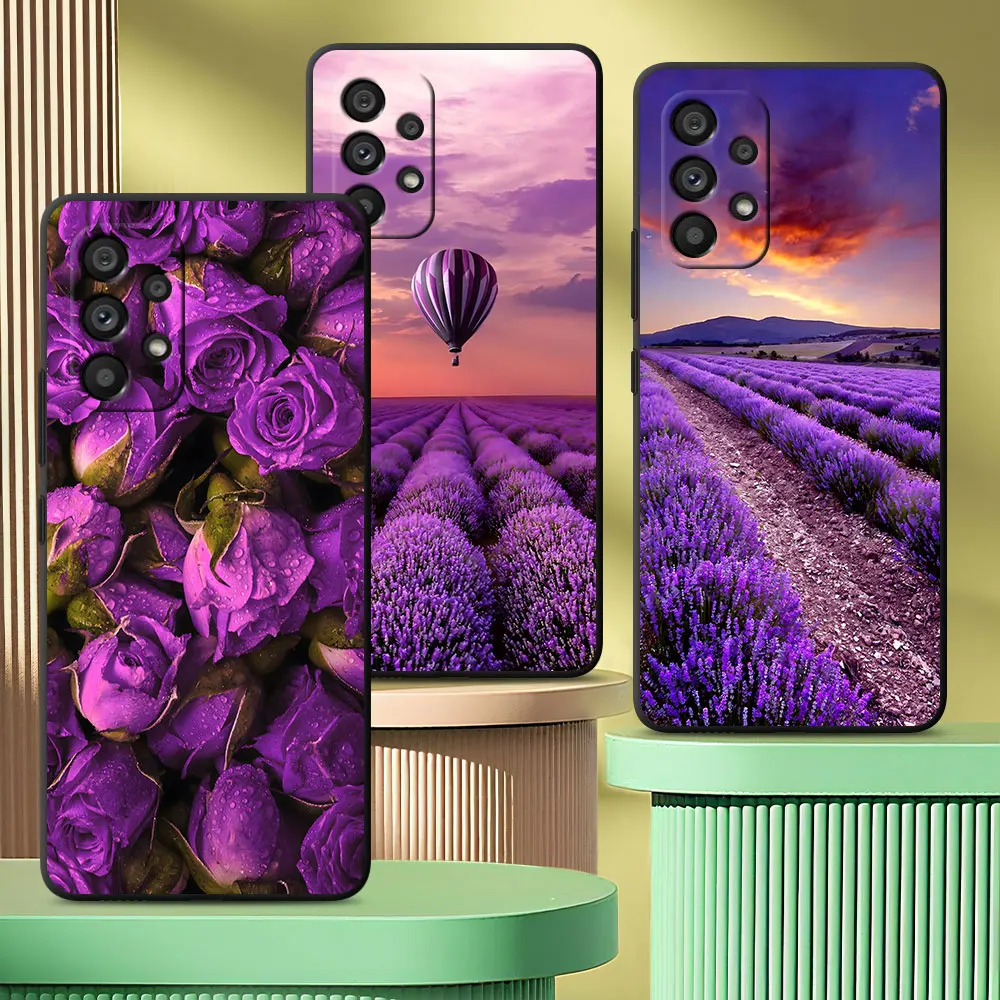 Protective Case For Samsung Galaxy A07 A50 A10 A20s A03 A5 A7 A70 A04s A50s A8 A06 TPU Black Phone Cover Purple Lavender Flowers