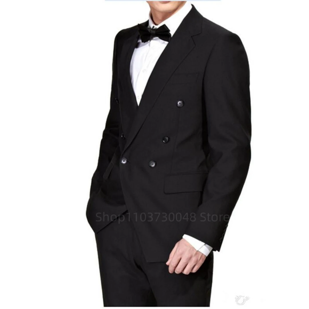 

Черные мужские костюмы для свадьбы/деловых встреч, приталенные блейзеры с лацканами и брюки, комплект из 2 предметов, формальные смокинги для жениха, мужской костюм