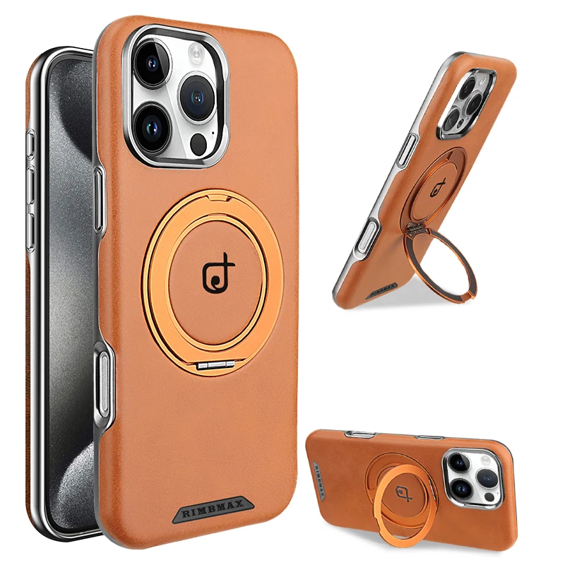 

Magsafe Magnetic 360°Rotating Car Bracket Ring Leather Phone Case For iPhone 16 Pro Max 14 11 12 13 15 Pro Max Bumper Back Cover