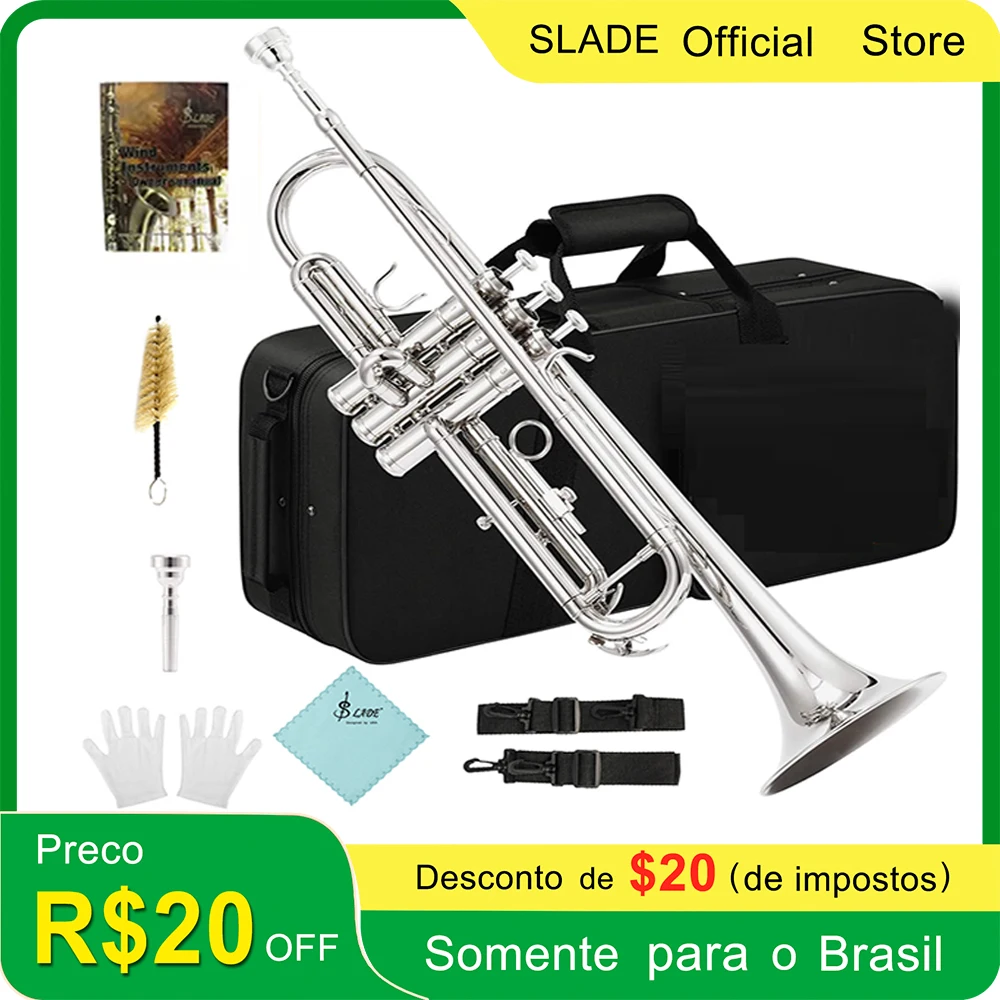 SLADE Bb Standard Trumpet Set Brass Trumpet for Beginners Student Silver Trumpet Instrument with Hard Shell 7C Blower Gloves