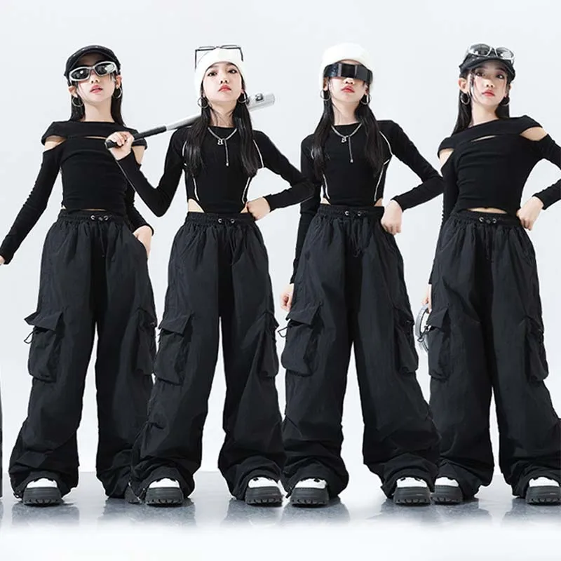 Jazz Dance Costume di scena Ragazze Kpop Hip Hip Abiti da ballo Street Dancewear Bambini Moda Clohtes Nero Top Shuffle Pantaloni VDL1942