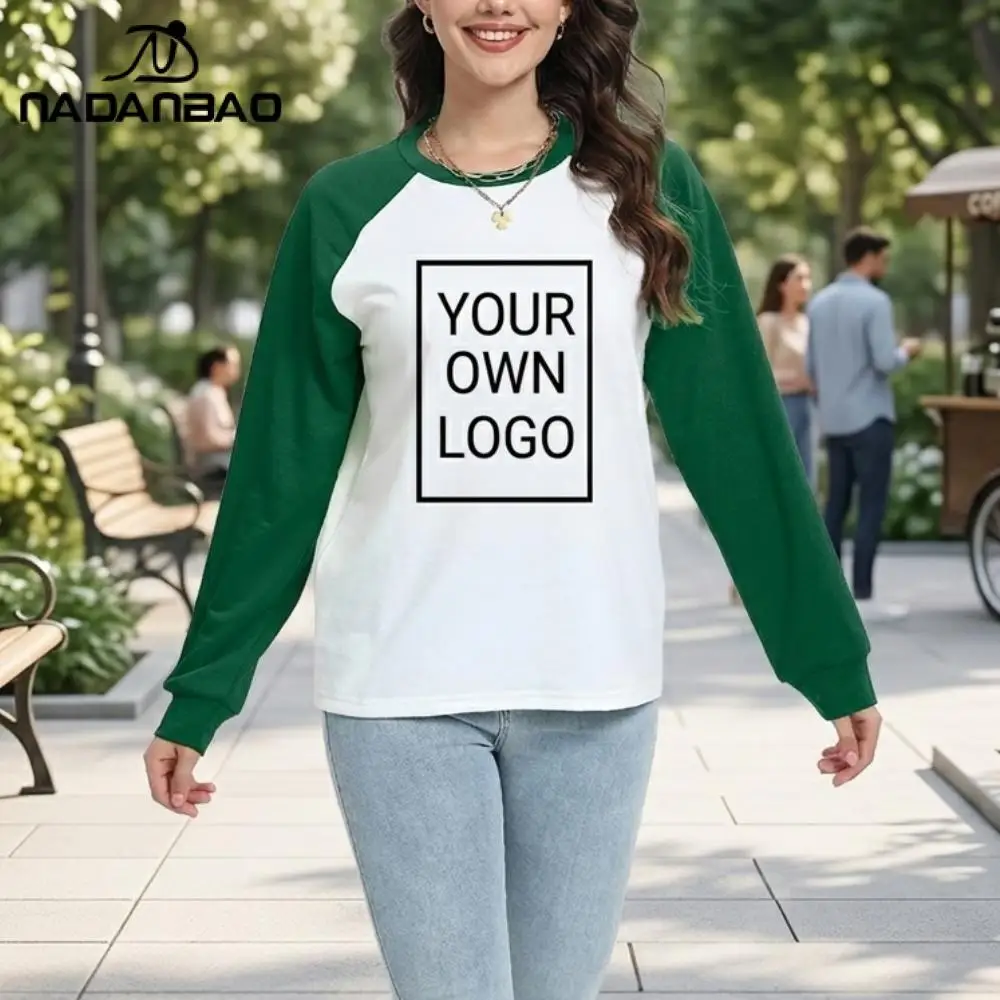 Nadanbao Customized Your Picture Green Women's Sweatshirts DIY Raglan Long Sleeved Pullover Shirt Custom Autumn Casual Loose Top