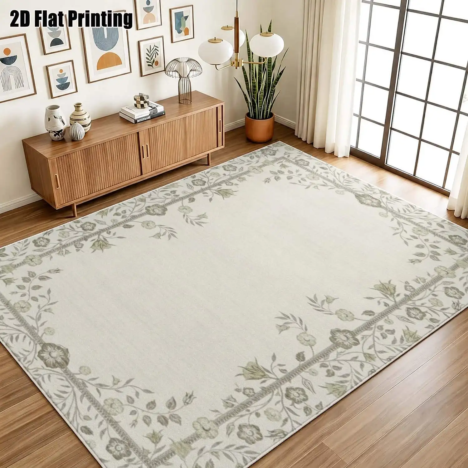 1Pc 2D Printed Carpet, Beige Floral Border, Vintage/Modern Minimalist/Instagram Style, Multi-Size, Machine Washable, for Entrance/Dining Room/Bedroom/Living Room Home Decor